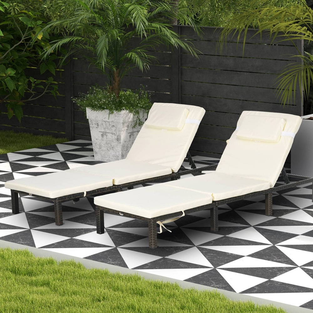 Outsunny Set of 2 White Padded Cushion Rattan Sun Lounger Image 1