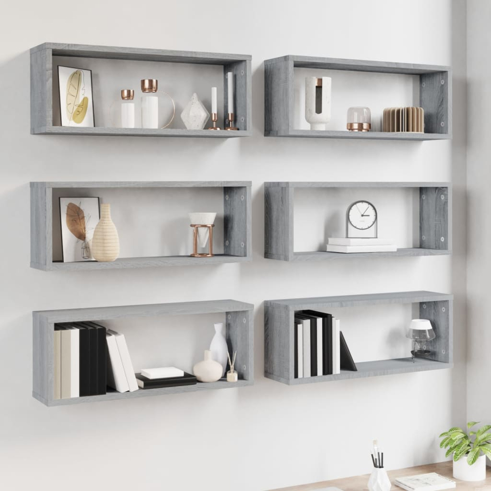 vidaXL 60cm Grey Sonoma Cube Wall Shelf Set of 6 Image 2