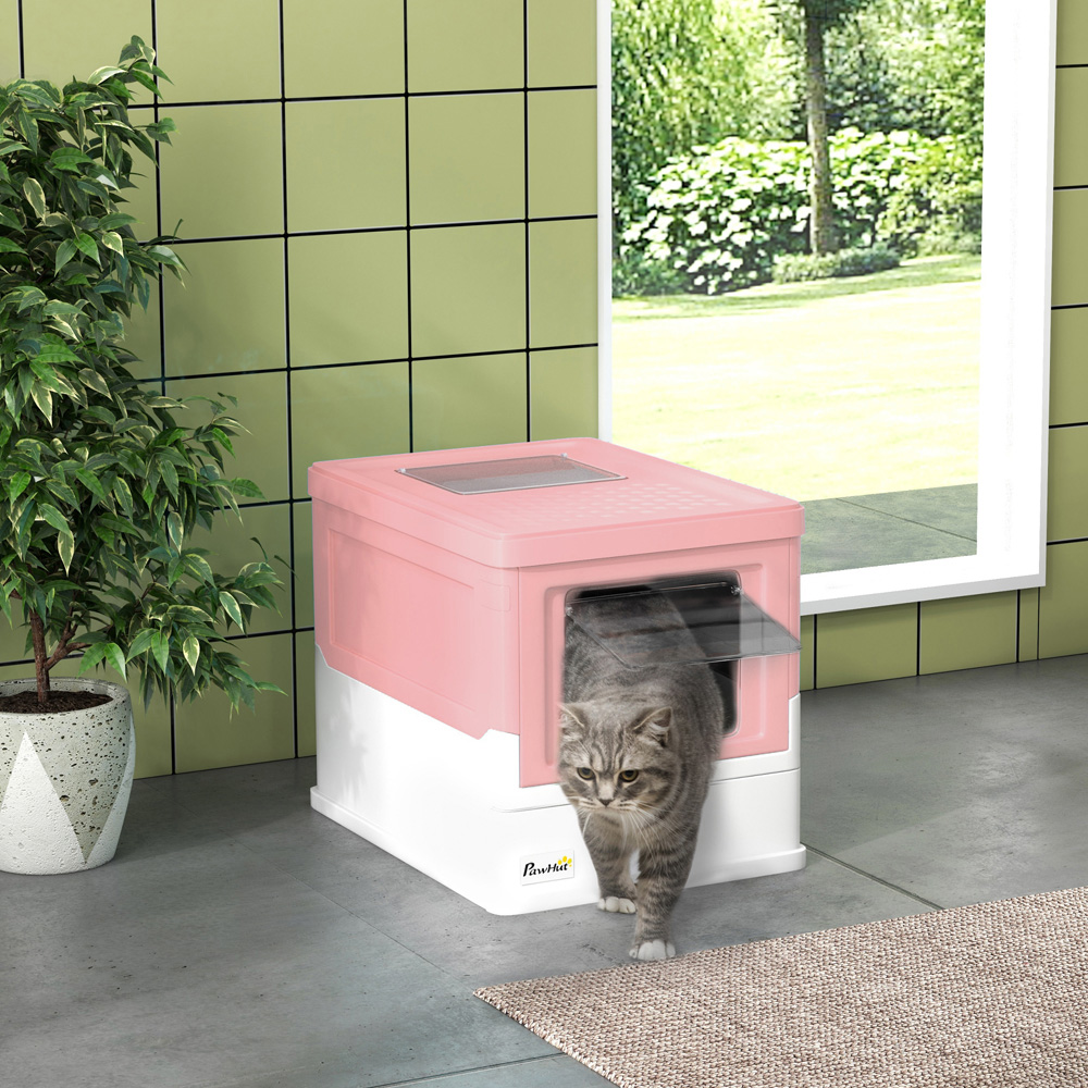PawHut Pink Hooded Cat Litter Box with Scoop and Tray Image 2
