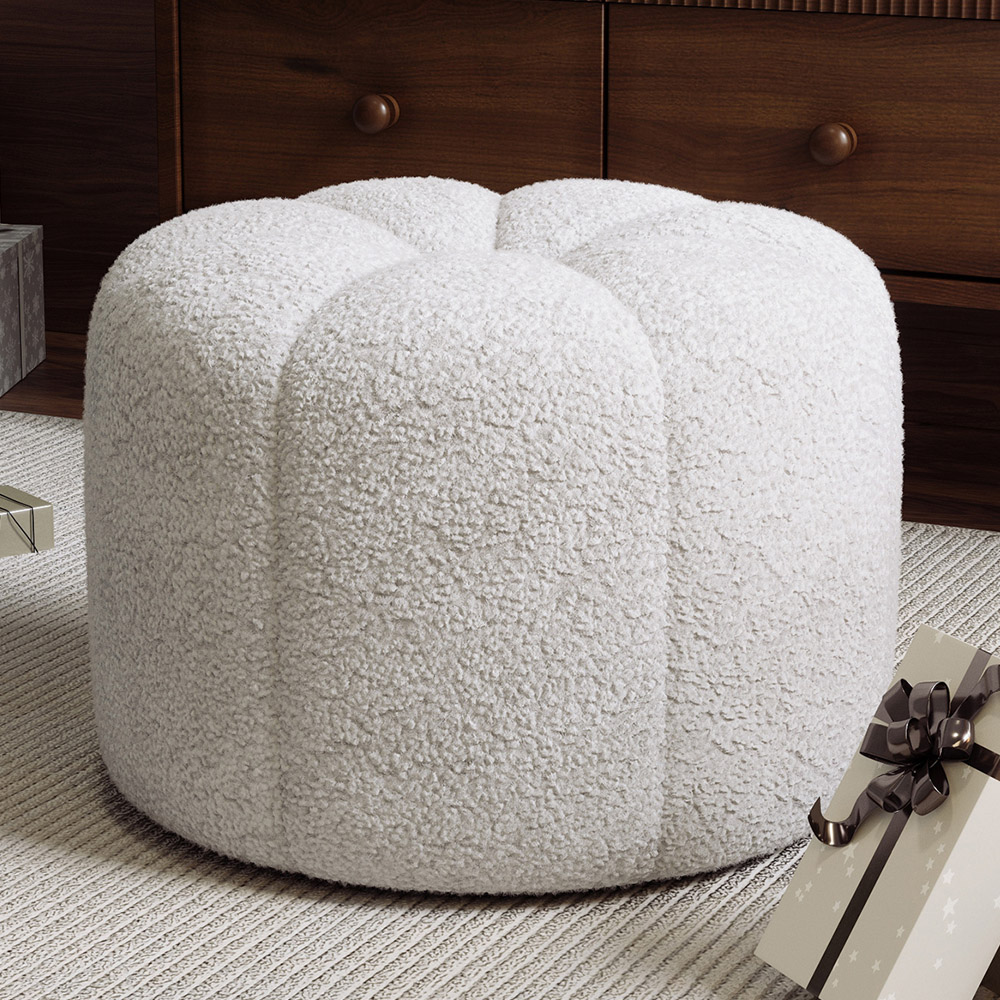Living and Home White Round Teddy Fabric Footstool Image 1