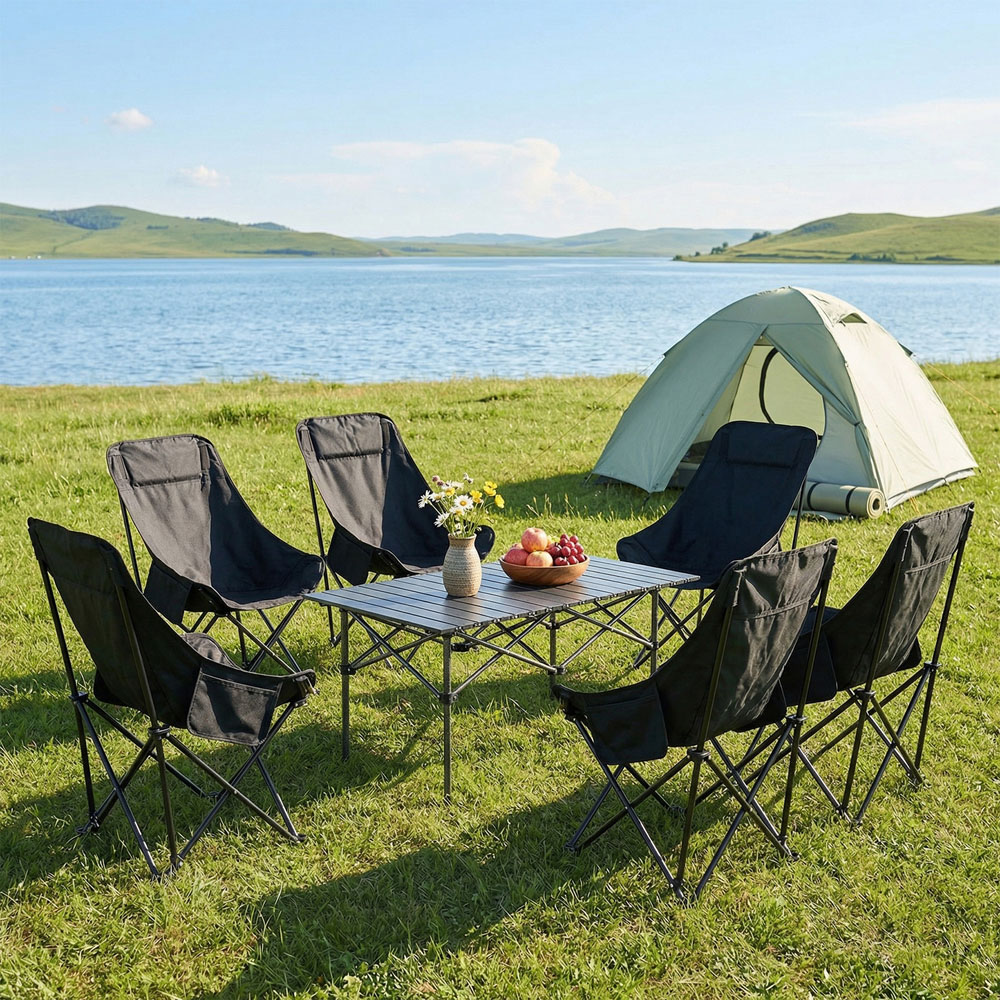 Living and Home 6 Seater Black Foldable High Back Camping Table and Chair Set Image 7