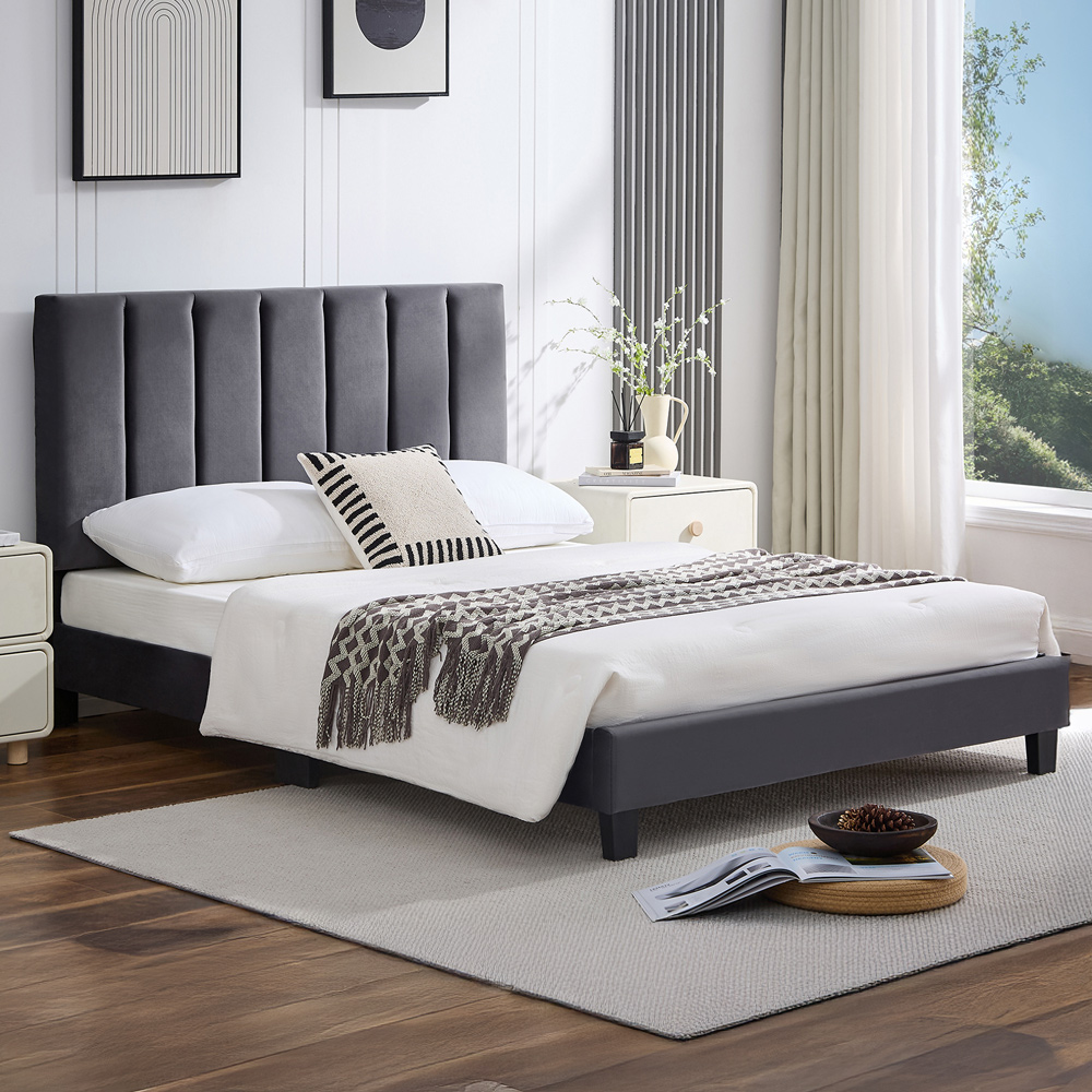 Furniture One King Size Grey Upholstered Bed Frame with Adjustable Headboard Image 1
