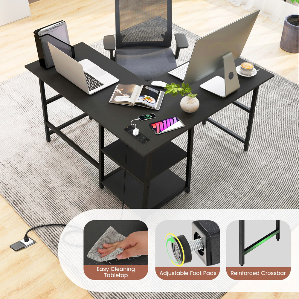 Costway 2 Shelf L Shaped Computer Desk with USB Port Black Image 4