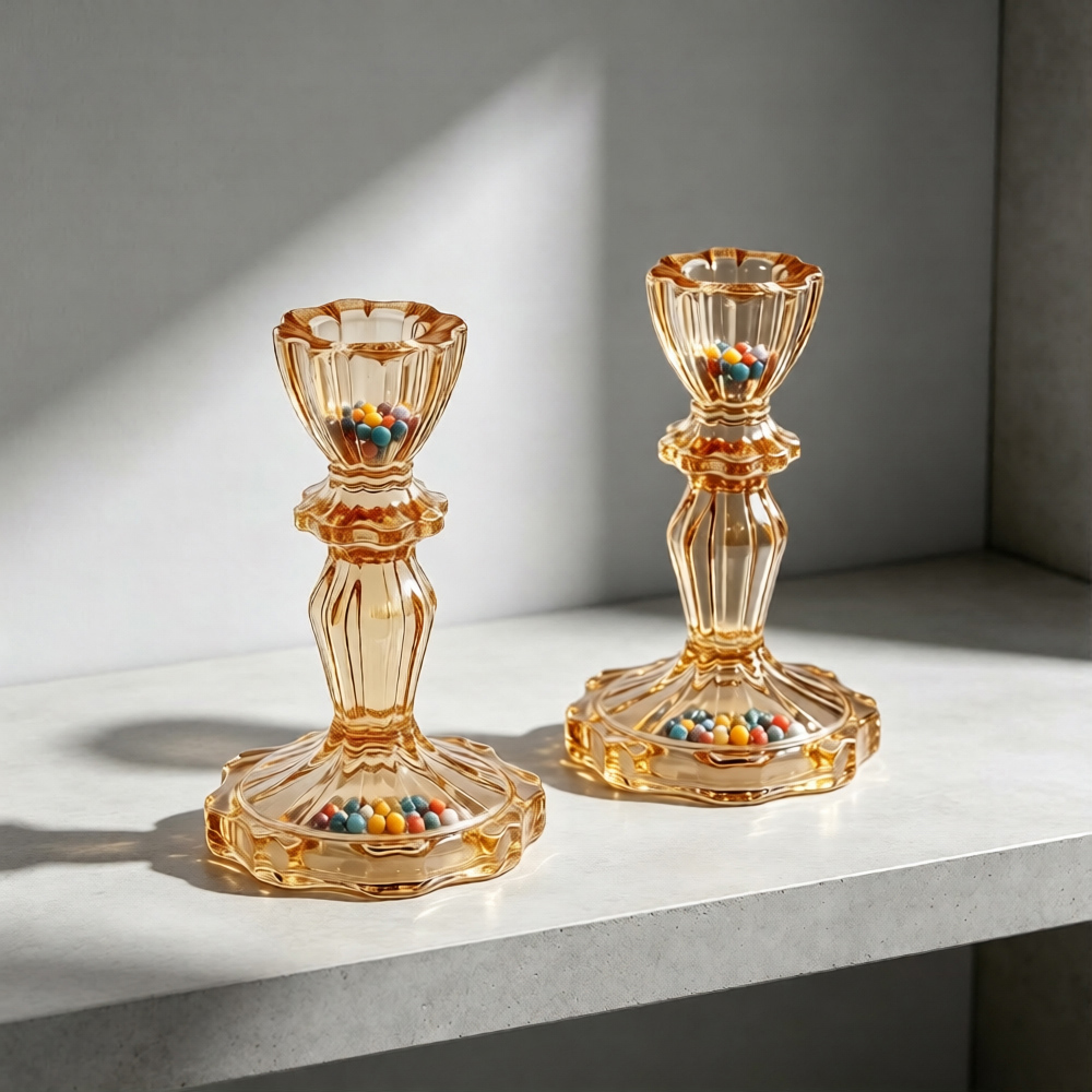 Living and Home Amber Glass Wide Base Candlestick Holder Set of 2 Image 8