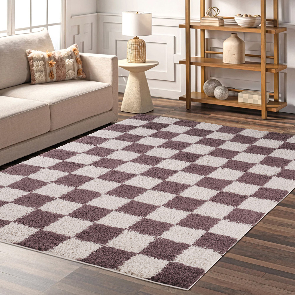 Desire Rugs Chester Lilac Shaggy Checkered Rug 60 x 220cm Image 7