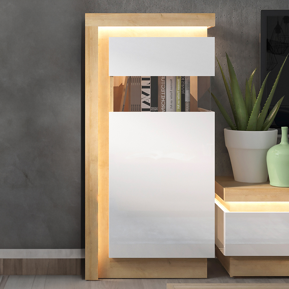 Furniture To Go Lyon Riviera Oak and White High Gloss RHD Narrow Display Cabinet Image 1