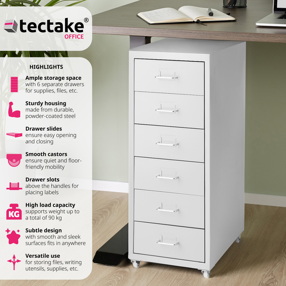 tectake 6 Drawer Light Grey Steel Filing Cabinet Image 3