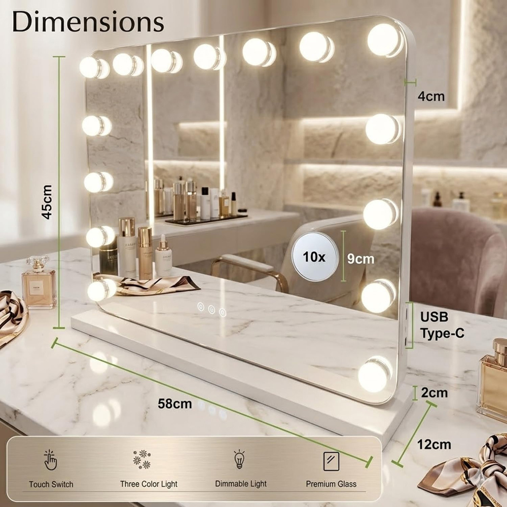 ATEK White Dimmable LED Touch-Sensitive Hollywood Vanity Makeup Mirror 58 x 45cm Image 9