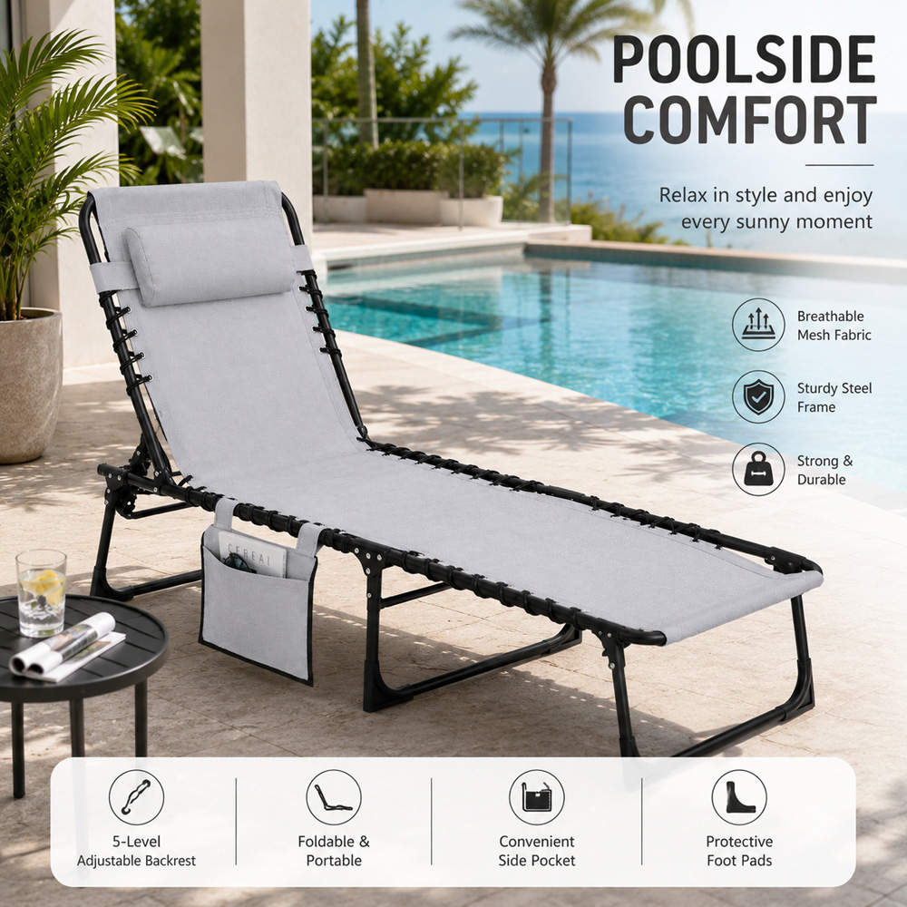 Shatchi Grey Foldable Sun Lounger with Adjustable Backrest Image 7