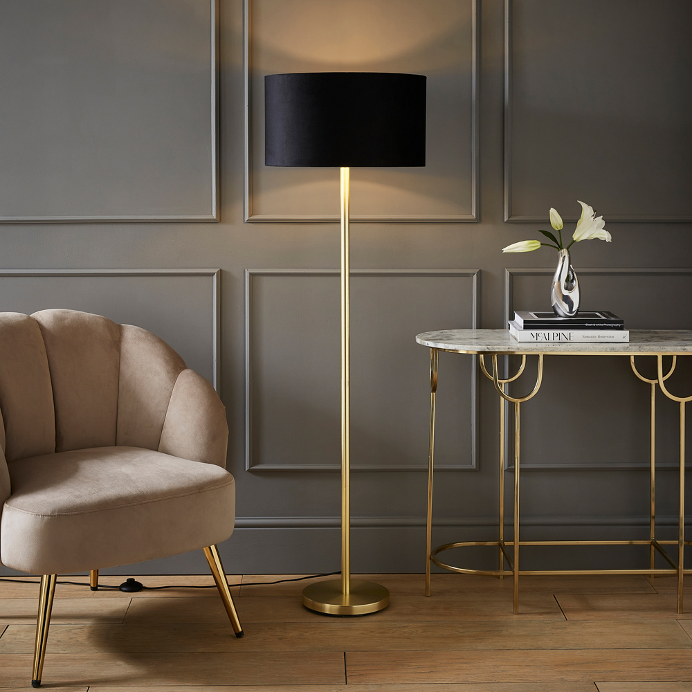 ValueLights Charlie Black Velvet and Metallic Shade Gold Floor Lamp and Bulb Image 2