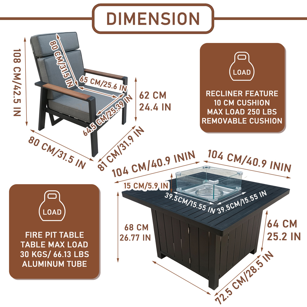 Furniture One 4 Seater Aluminium Garden Recliner Dining Set with Fire Pit Image 5
