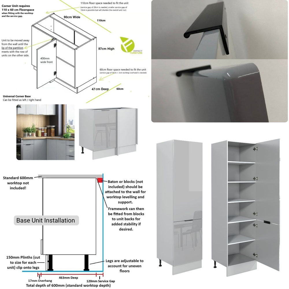 Impact Furniture Star Light Grey Gloss L-Shaped Corner Kitchen Cabinet Unit Set of 11 Image 4