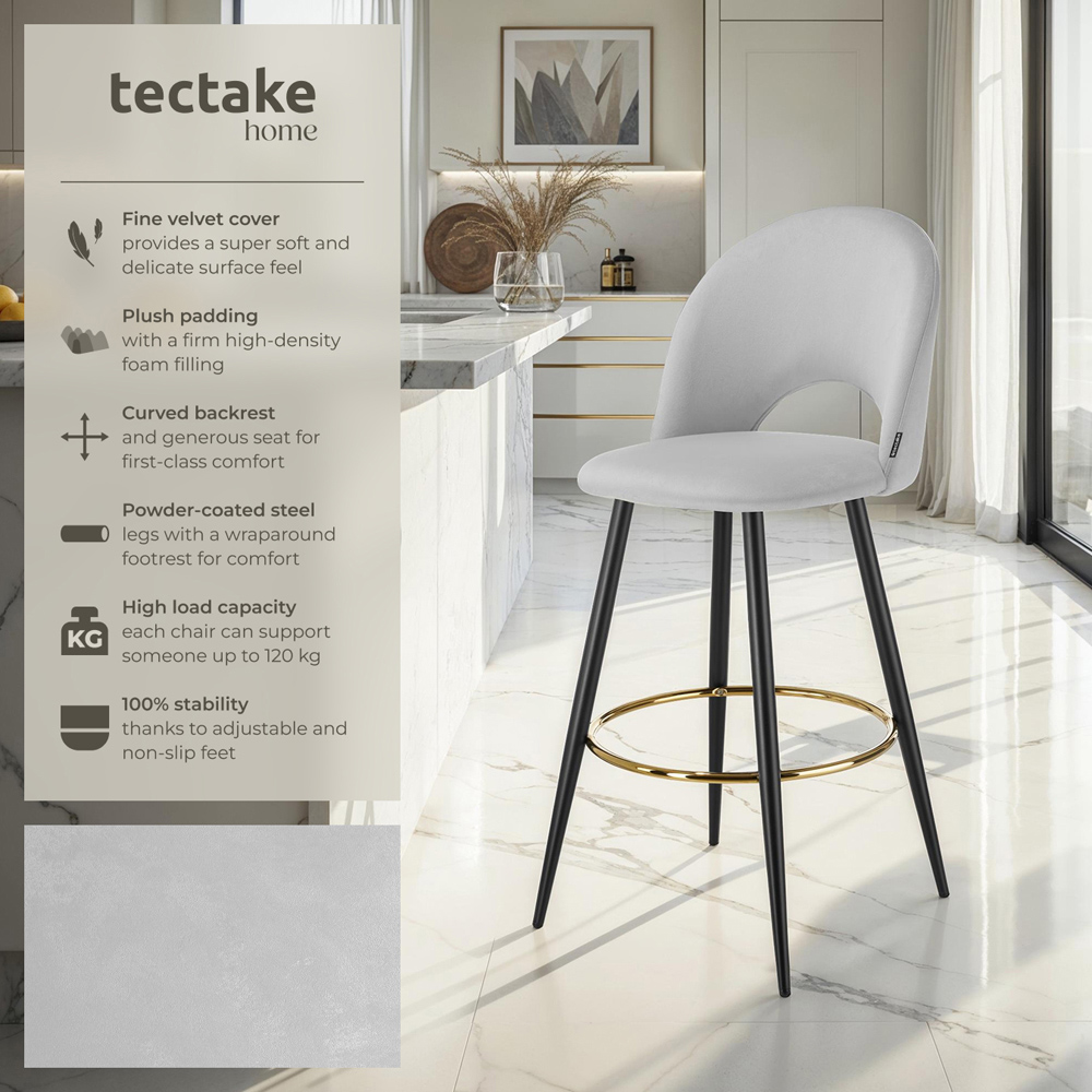 tectake Rachel Light Grey and Black Velvet Look Bar Stool Set of 6 Image 7