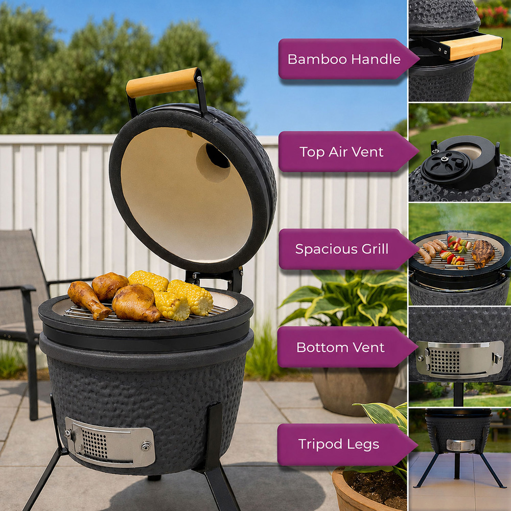 Neo Kamado Grey Portable Ceramic 13 inch Mini BBQ Grill Smoker with Stand Image 5