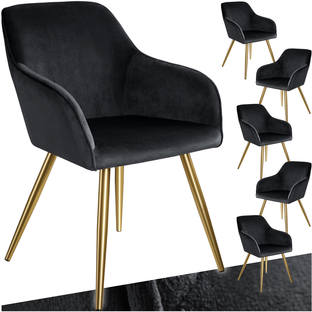 tectake Marilyn Set of 6 Black and Gold Velvet Look Padded Accent Chairs Image 2