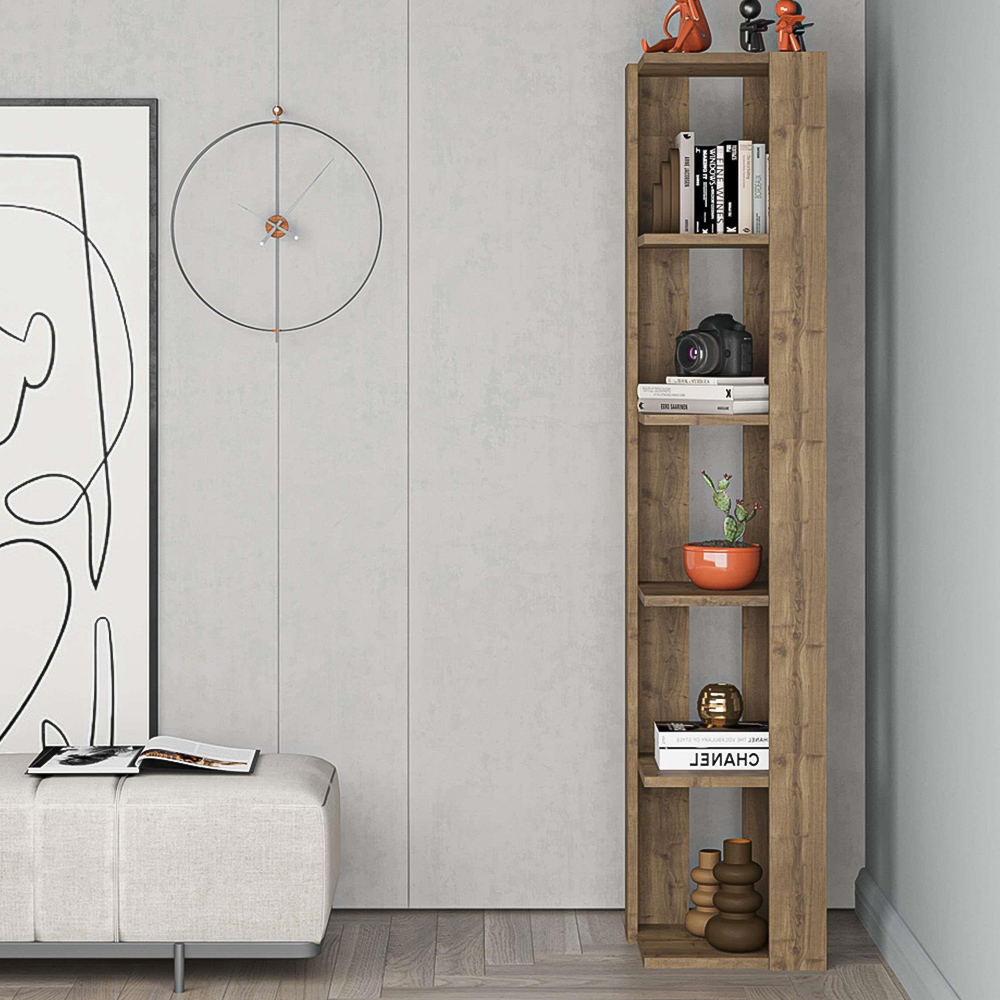 Decortie Nati 5 Shelf Dark Oak Effect Modern Corner Bookcase Image 1