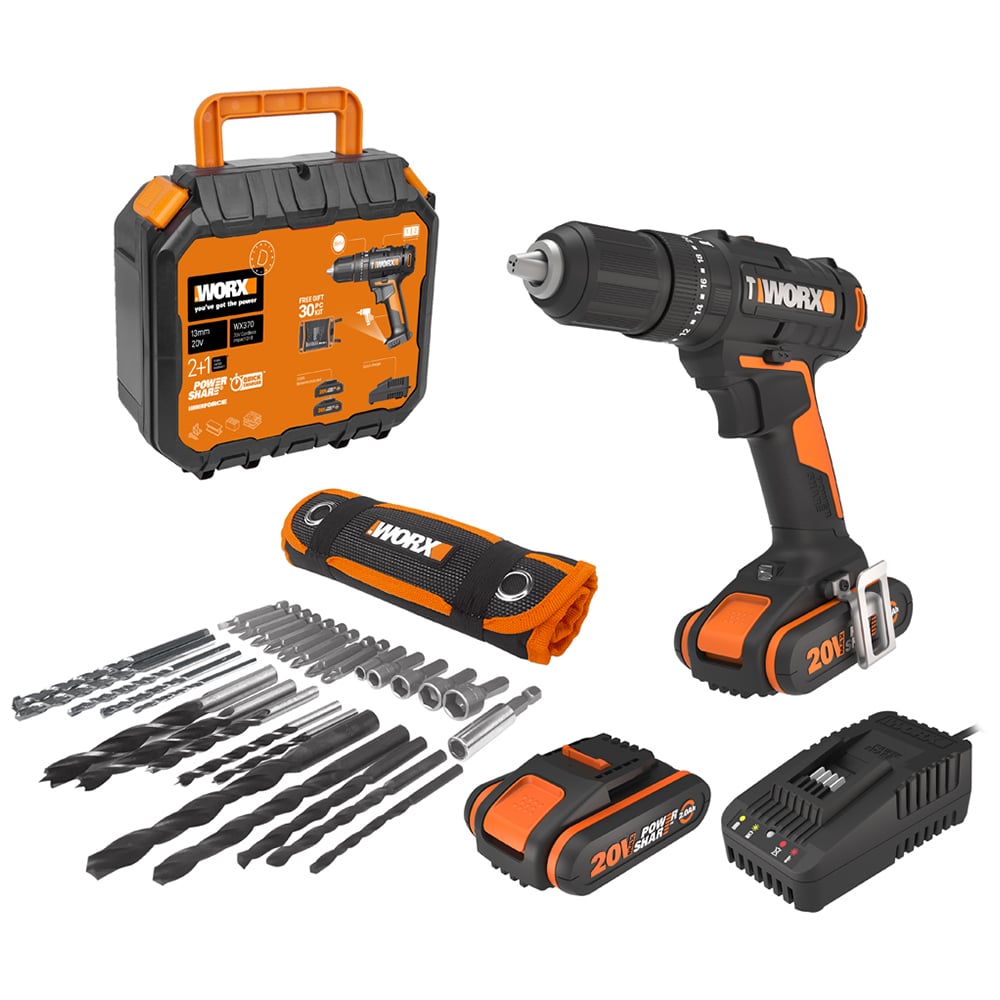 Worx WX370 20V 50Nm 30 Piece Combi Drill Set with 2.0Ah Batteries and Charger Image 1