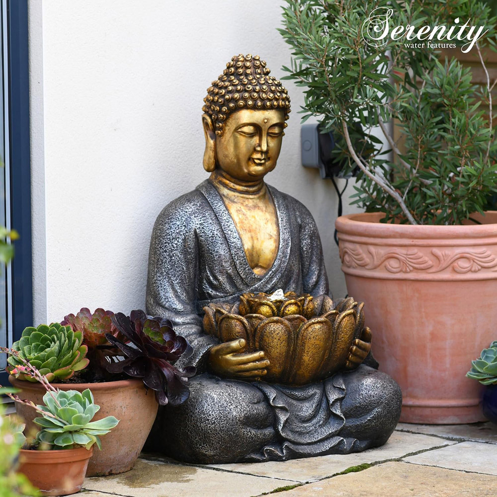 Garden Gear Gold Effect Large Sitting Buddha LED Water Feature Image 3