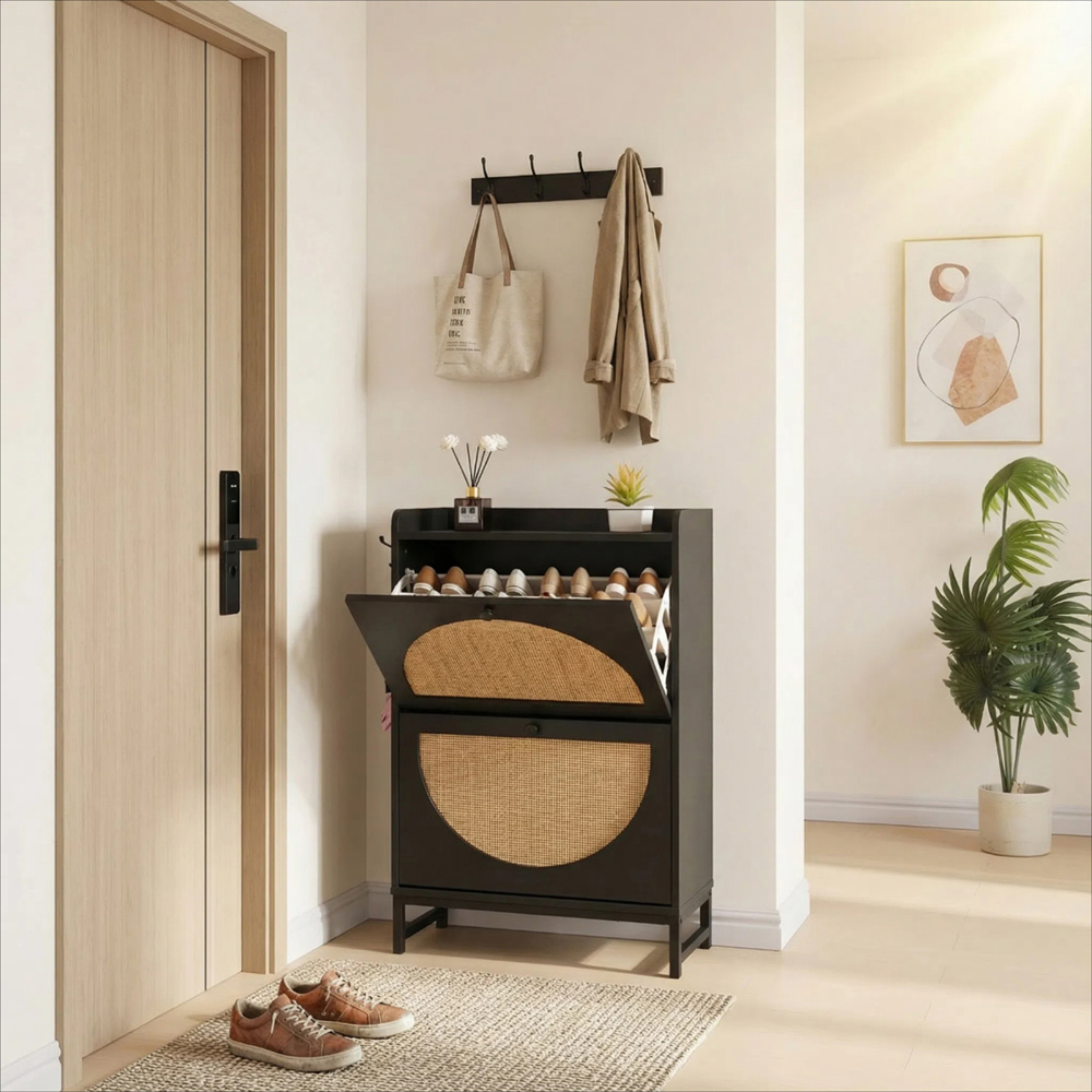 FurnitureHMD 2 Door Black Woven Rattan Shoe Cabinet with Hooks Image 9