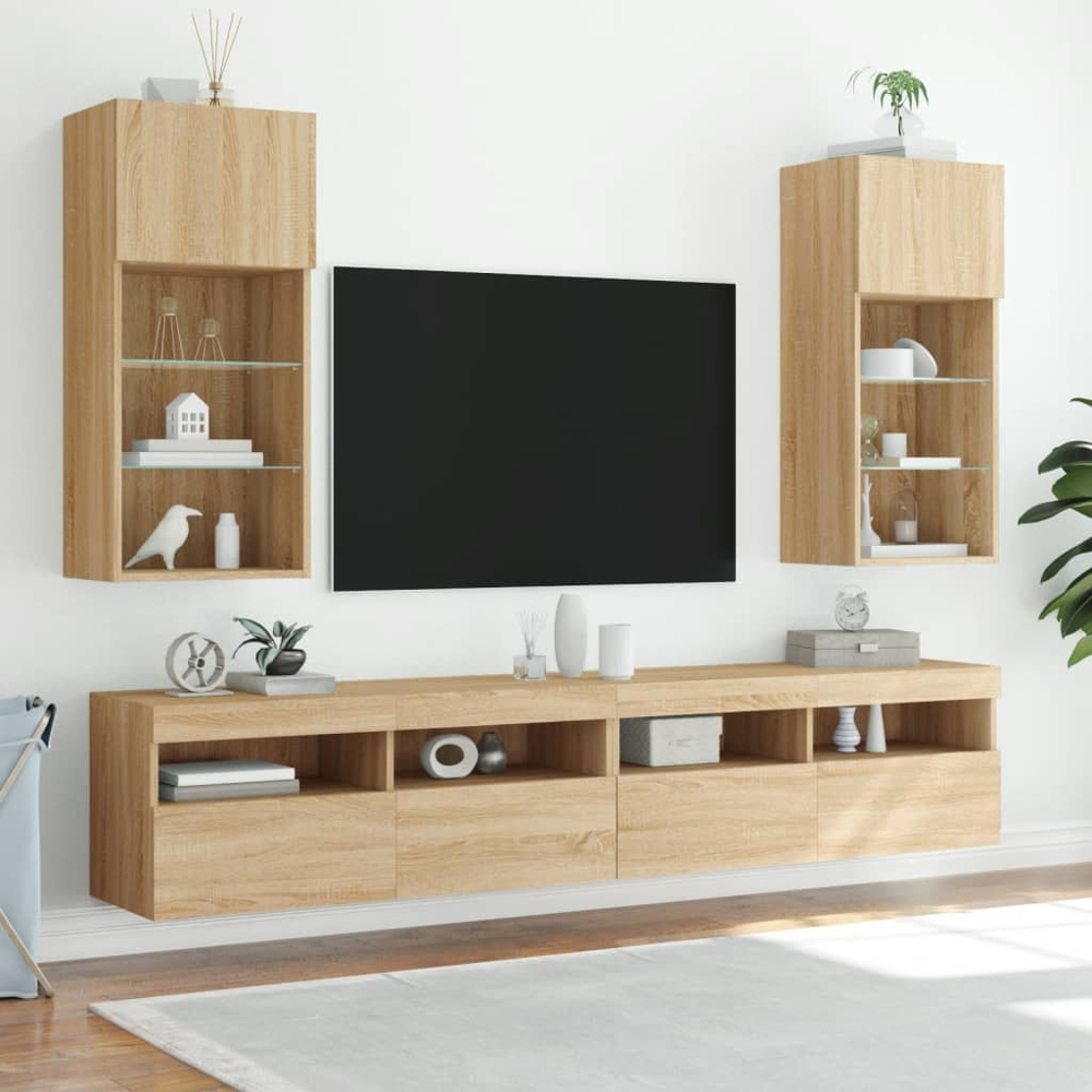 vidaXL Single Door 3 Shelf Sonoma Oak Wall Mounted LED TV Cabinet Image 3