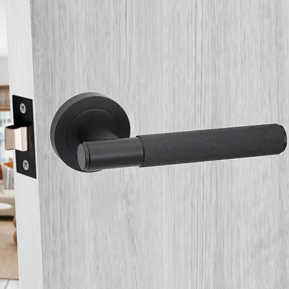 Golden Grace Knurled T-Bar Matt Black Door Handles Set Image 2