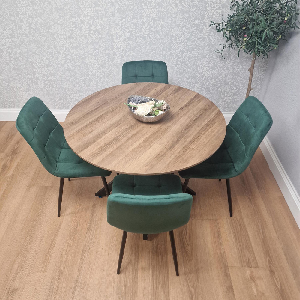 Kosy Koala 4 Seater Wood Effect Velvet Round Dining Set Green Image 9