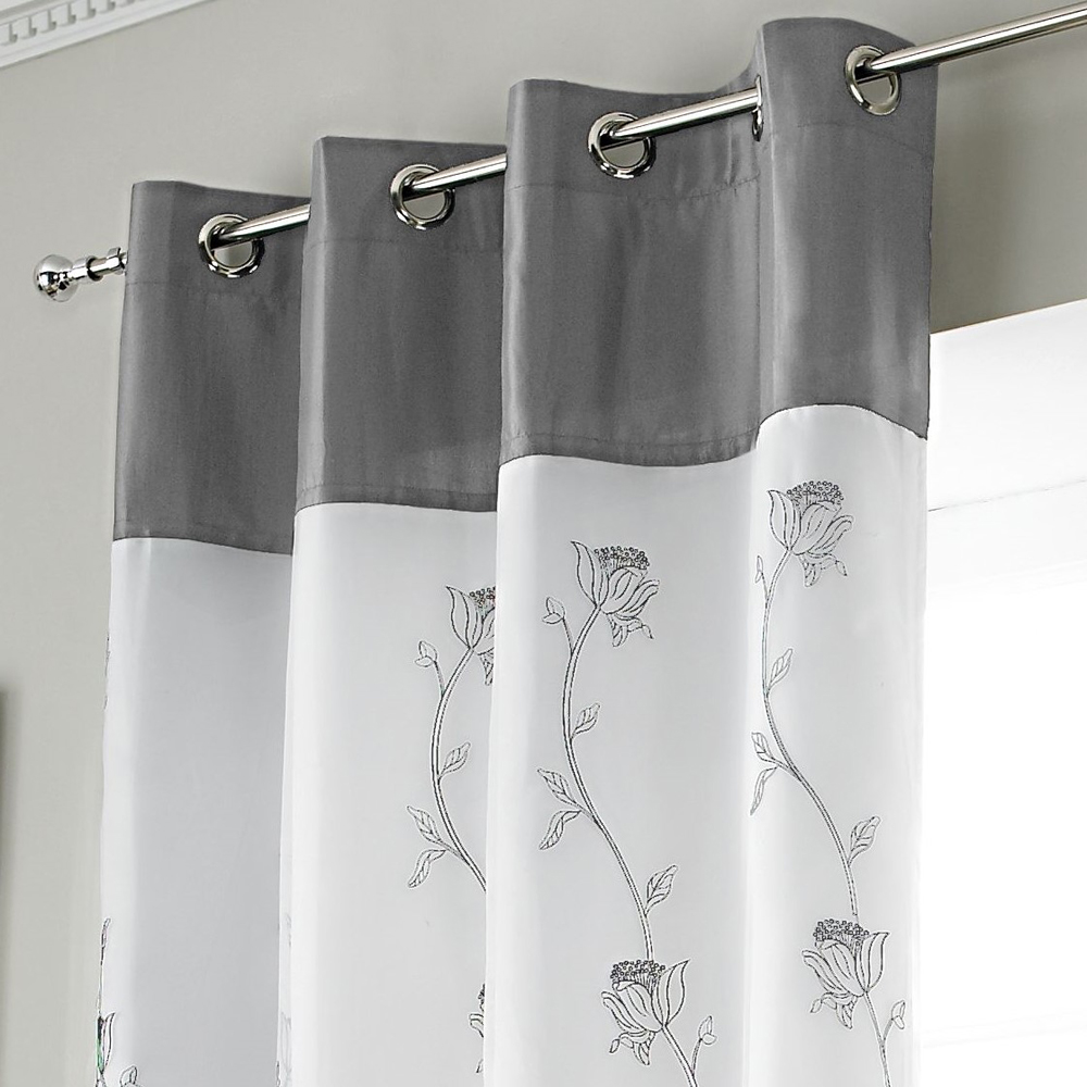 Alan Symonds Tahiti Silver and White Floral Lined Ring Top Eyelet Voile Curtains 142 x 183cm Image 2