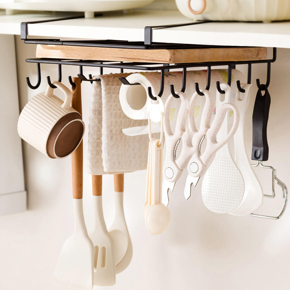 Living and Home Black Under Cabinet Storage Rack with Hooks and Hanger Bars Image 7