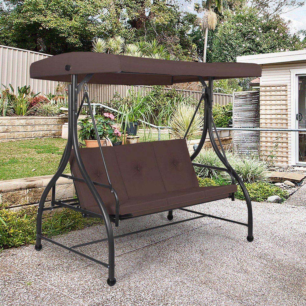 Costway 3 Seater Brown Garden Swing Chair with Adjustable Canopy and Cushion Image 3
