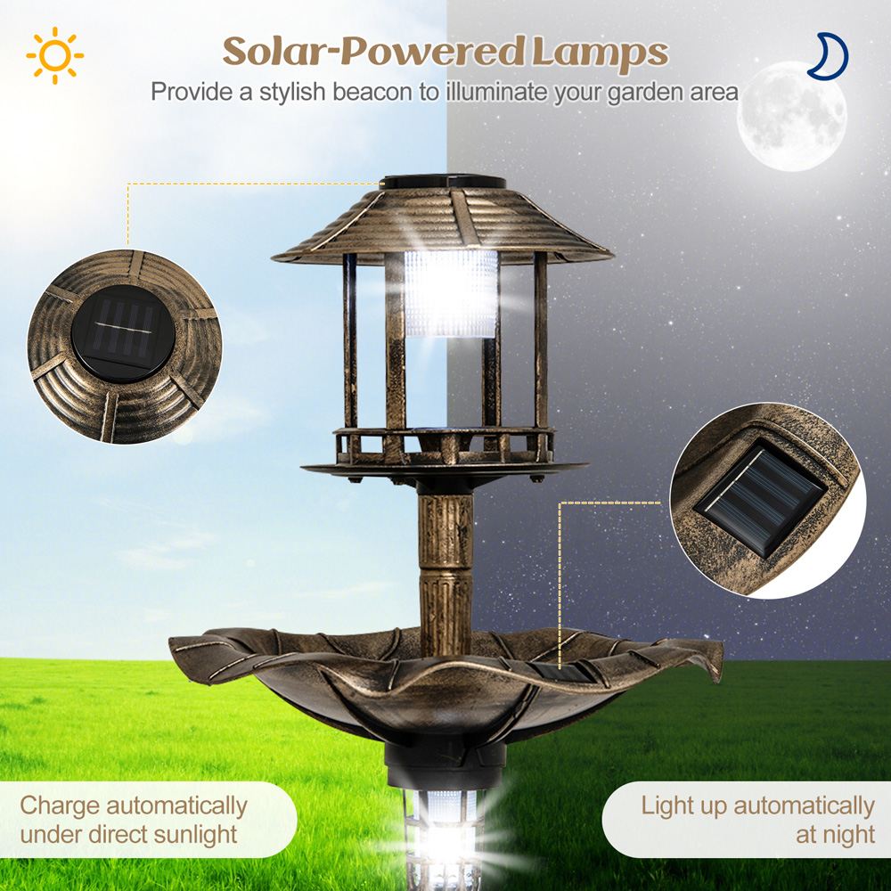 Costway Antique Birdbath and Feeder with 2 Solar Lamp Image 7
