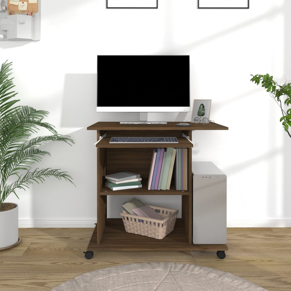 vidaXL 3 Shelf Wheeled Computer Desk with Keyboard Tray Brown Oak Image 7