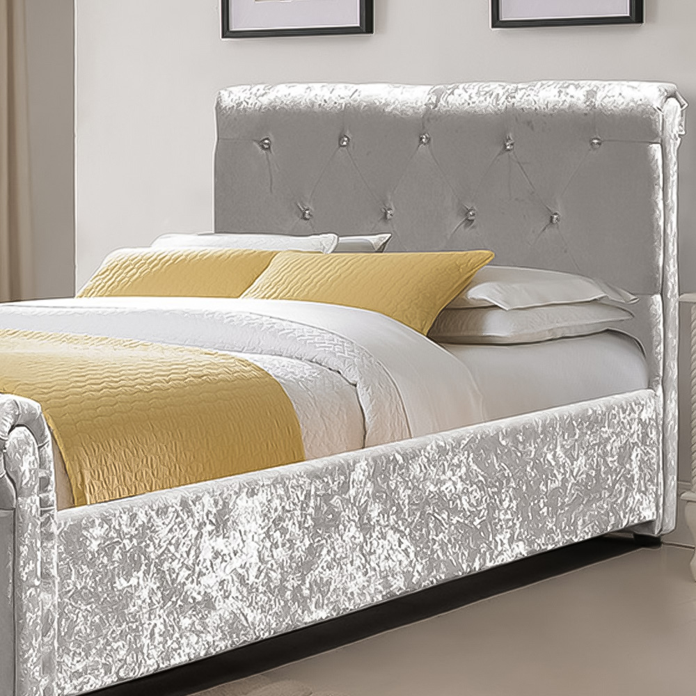 Brooklyn Single Silver Crushed Velvet Diamante Chesterfield Sleigh Bed Frame Image 2