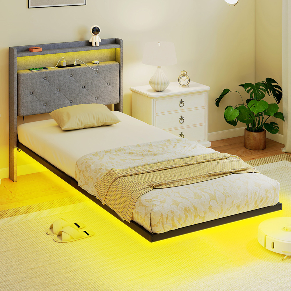 Portland Single Grey Upholstered Floating Bed Frame with RGB LED Lights Image 1