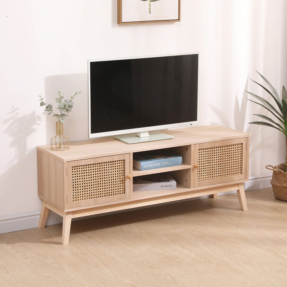 FurnitureHMD 2 Door 2 Shelf Rattan Weaving TV Unit with Pine Wood Legs Image 9