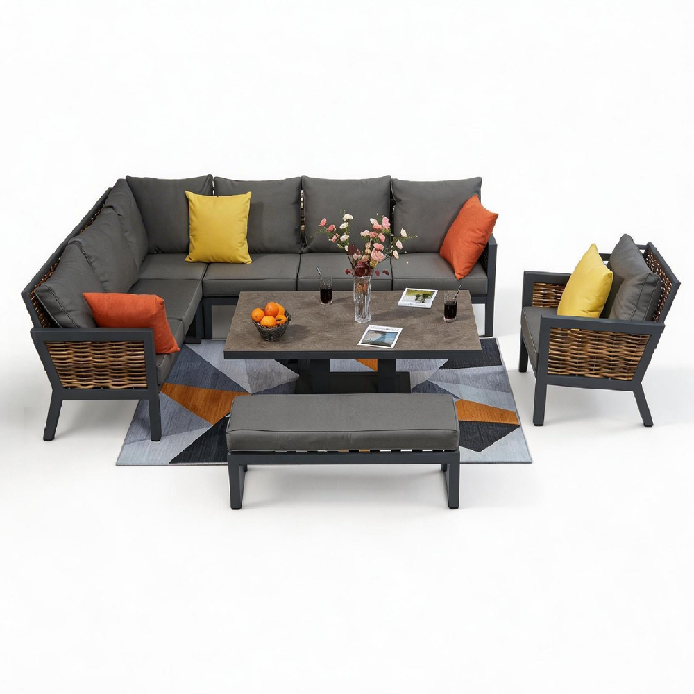 Furniture One 9 Seater Grey Aluminium Outdoor Corner Lounge Set with Lift-Up Table Image 3
