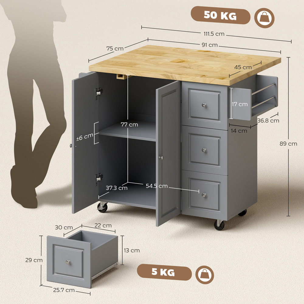 Portland 2 Door 3 Drawer Grey Drop Leaf Kitchen Island Storage Trolley Image 9