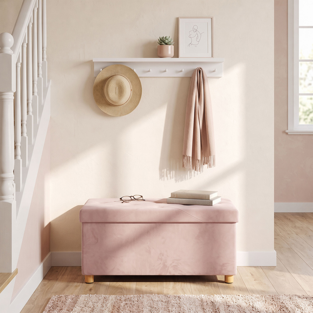HOMCOM Pink Velvet Upholstered Foldable Ottoman Footrest with Wood Legs Image 3