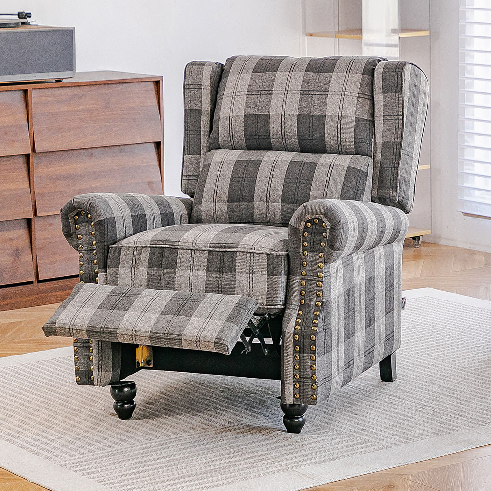 Living and Home Grey and Black Plaid Pattern Linen Pushback Recliner Armchair Image 7
