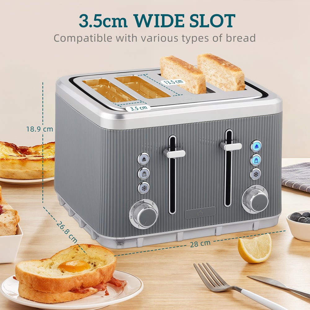 HOMCOM 800-266V70GY Grey 1.7L Rapid Boil Kettle 3000W and 4 Slice Toaster Set Image 9