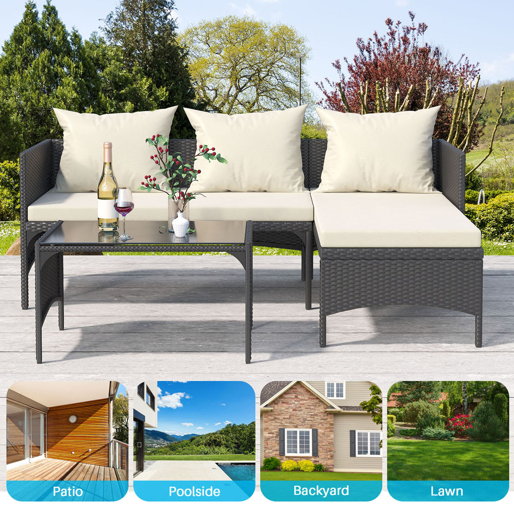 Rattrix 3 Seater Black Rattan Garden Chaise Conversation Set with Cushion Image 7