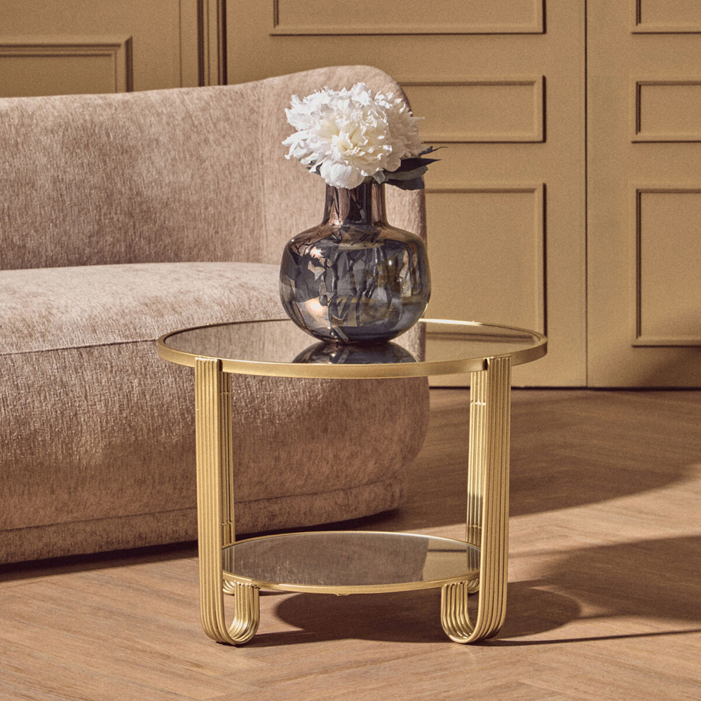 Premier Housewares Jolie Single Shelf Gold Frame Round Bedside Table with Mirrored Top Image 4