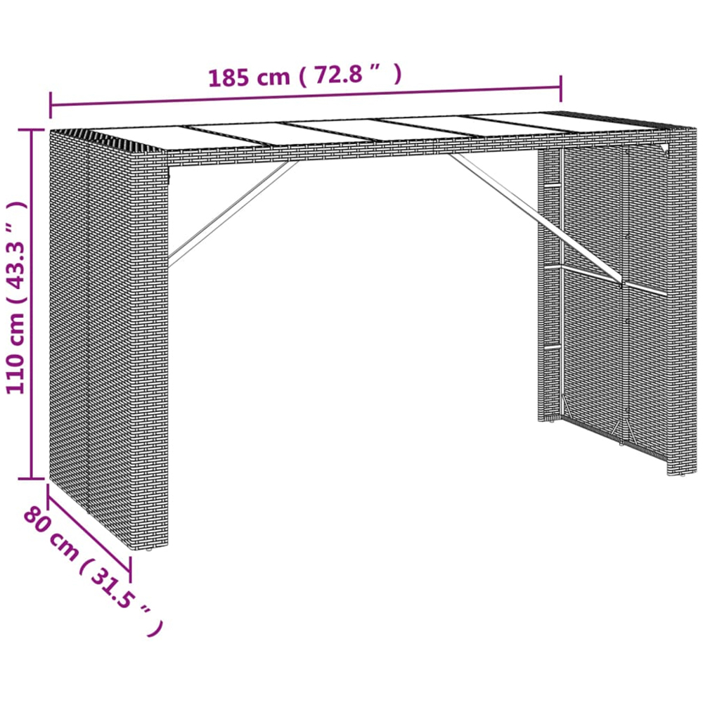 vidaXL Grey Polyrattan Glass Top Bar Table 110 x 80 x 185cm Image 6