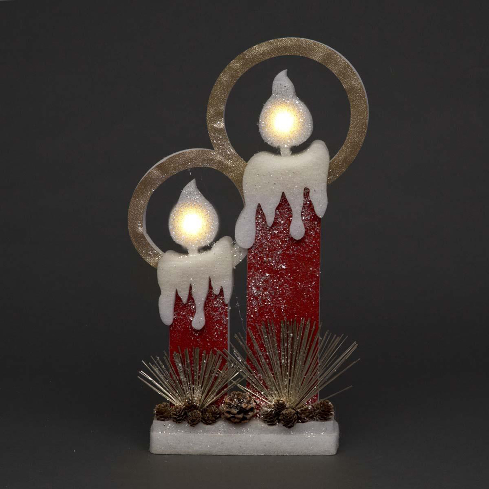 Shatchi Red Glitter Foam Snow Covered Pre Lit Twin Candles Christmas Decoration 41cm Image 2