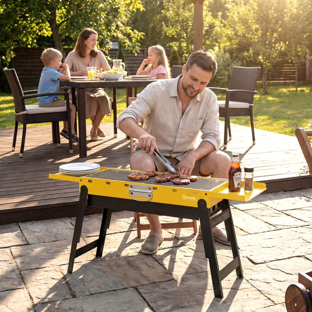 Outsunny Yellow Charcoal BBQ Grill with 2 Side Shelves and Handle Image 5