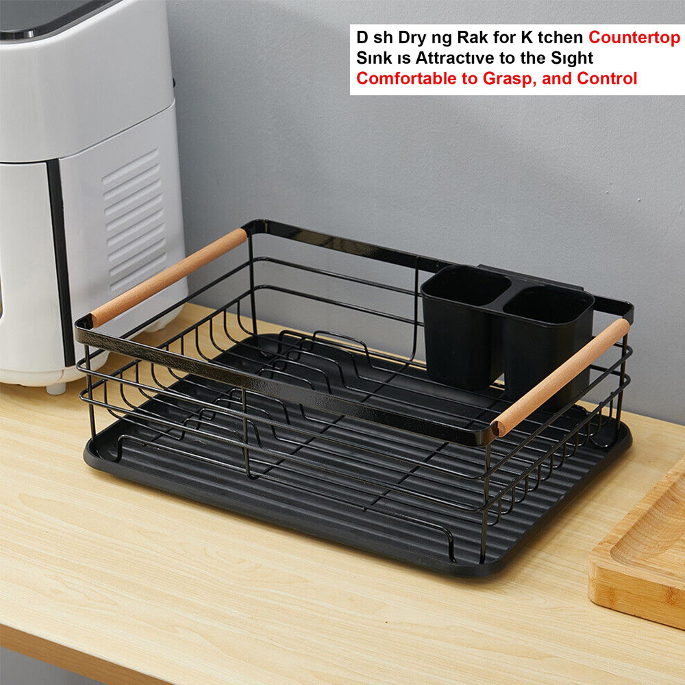 ATEK Black Wooden Handle Dish Drying Rack with Drain Tray and Cutlery Holder Image 7
