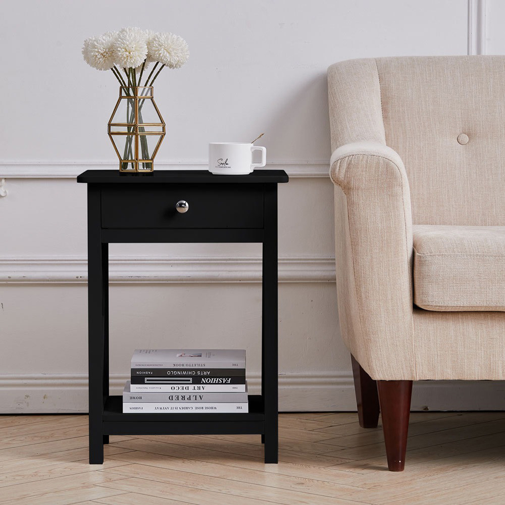Living and Home Single Drawer Black Wooden Bedside Table Image 6