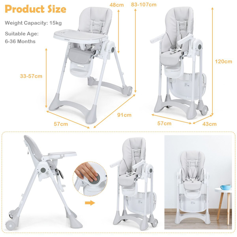 Costway Grey Folding Baby Highchair Image 5