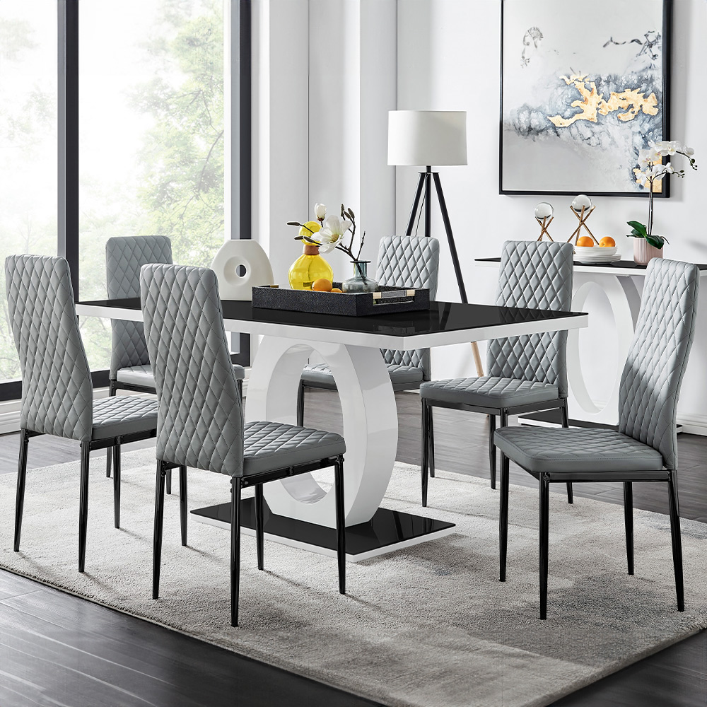 Furniturebox Lucia Valera 6 Seater Square Dining Set Black Gloss and Grey Image 1