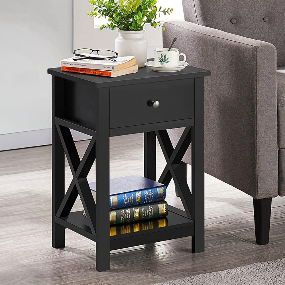 Living and Home Single Drawer Black Wooden Bedside Table Image 5