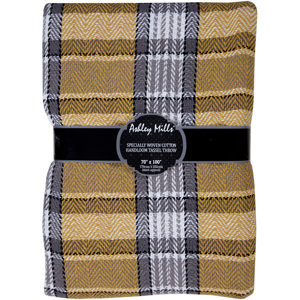 Velosso Grey and Ochre Bourbon Check Cotton Woven Tasselled Throw 178 x 254cm Image 3